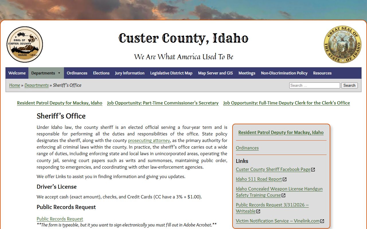 Custer County Jail sheriff office page for inmate lookup