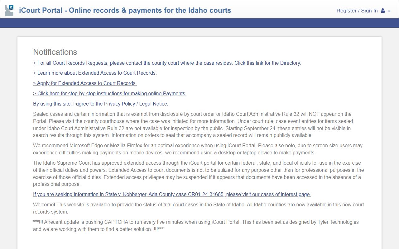 Idaho iCourt portal for Custer County court records after arrest