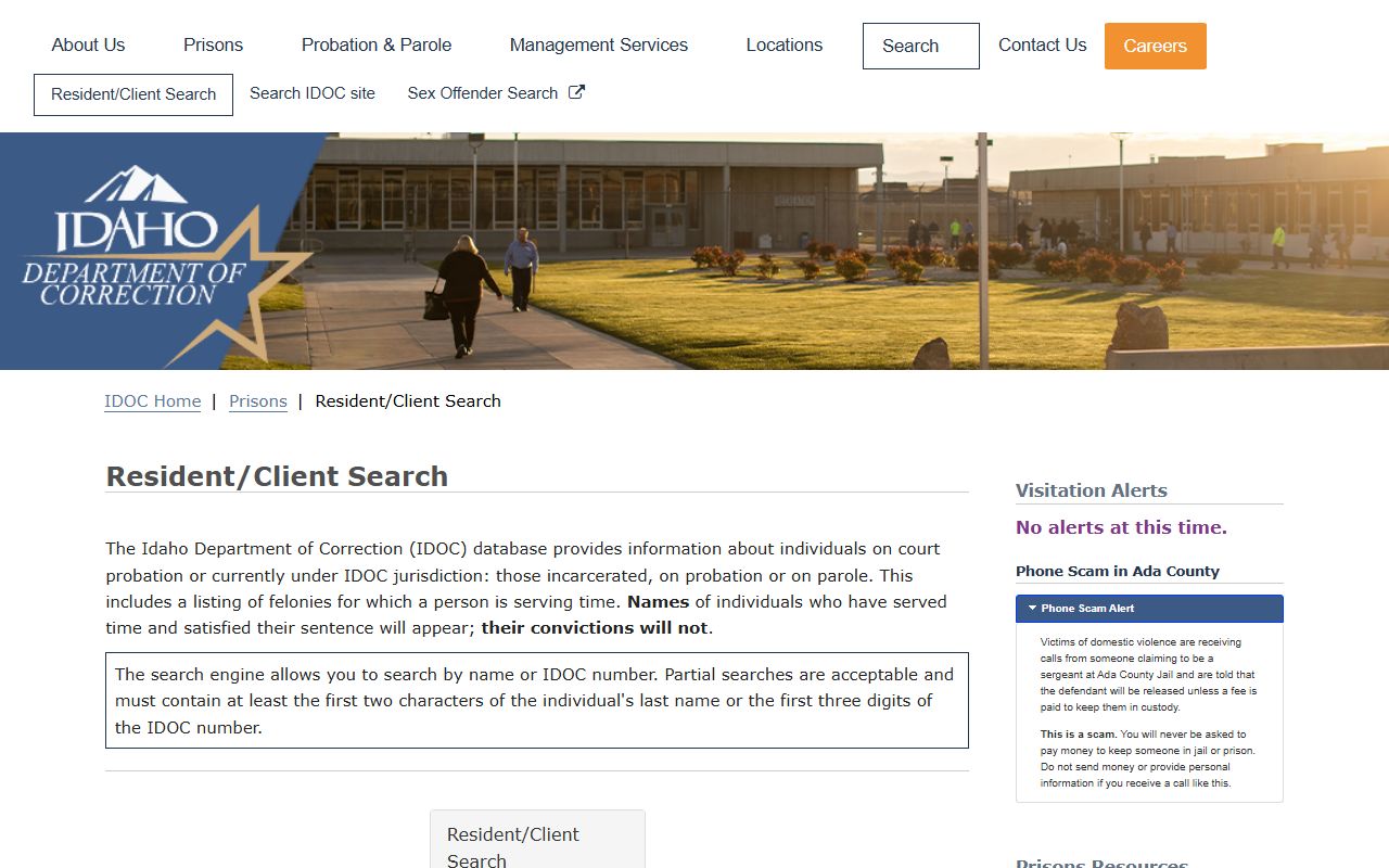 Idaho DOC locator fields for Custer County inmate searches after sentencing